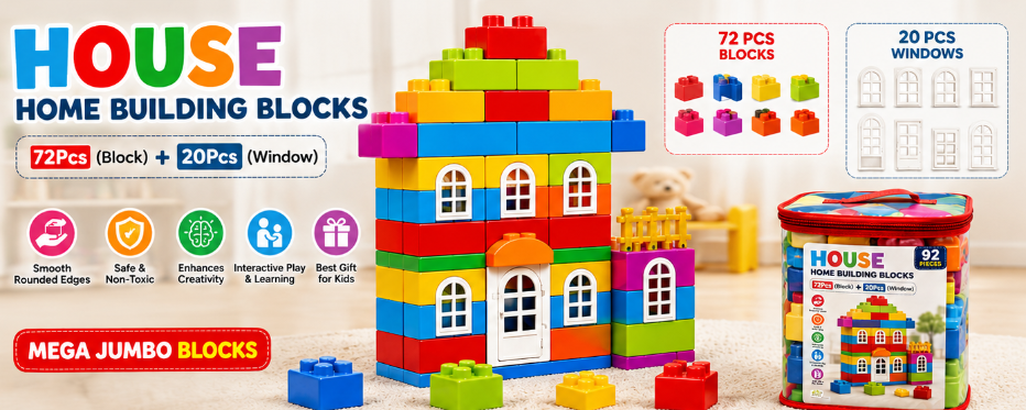 House Home Building Blocks - 72Pcs(Block) + 20pcs(Window) Mega Jumbo Blocks with Attractive Windows and Smooth Rounded Edges, Building Blocks Toys Games for Kids, Best Gift (Multicolor)