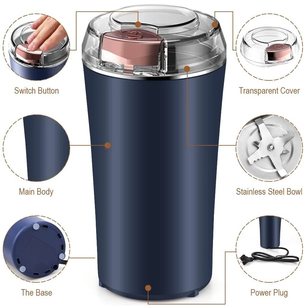 Equinox India Electric Coffee & Spice Grinder – Stainless Steel Portable Mixer for Masala, Herbs, Dry Spices & Nuts – Push Button Control, Compact & Durable for Home Kitchen